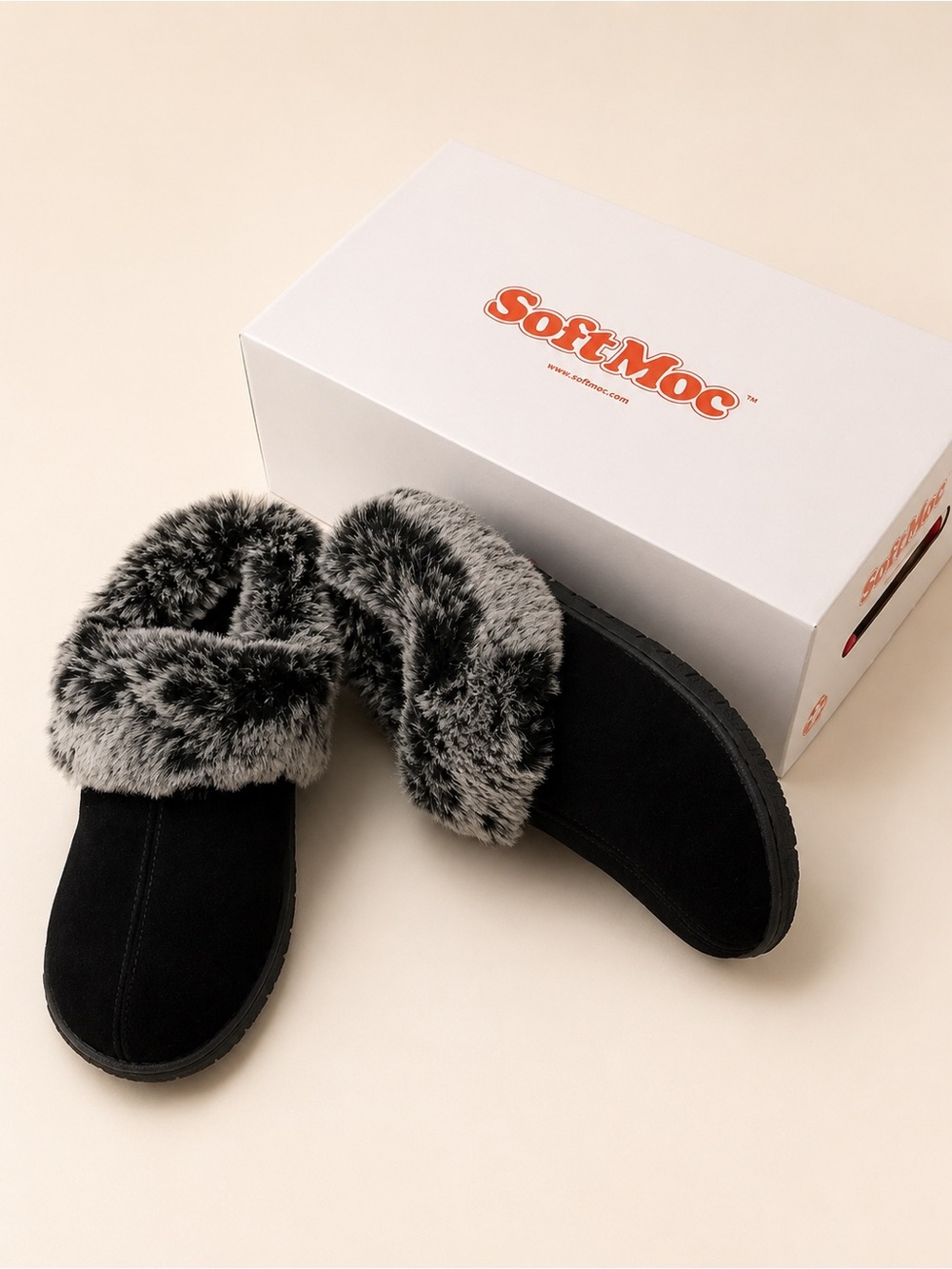 SoftMoc Women's Black Faux-Suede Moccasin Slippers with Gray Faux-Fur Cuff